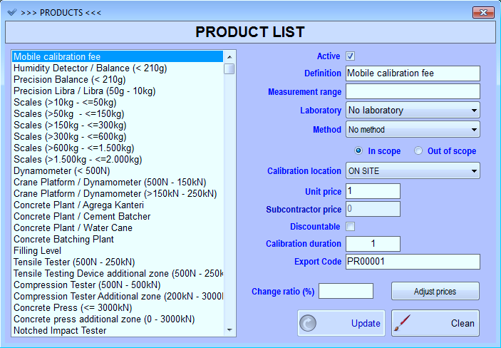 Product, laboratory, user and calibration method management screen