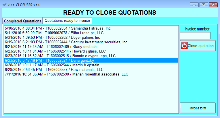 Work closure screen