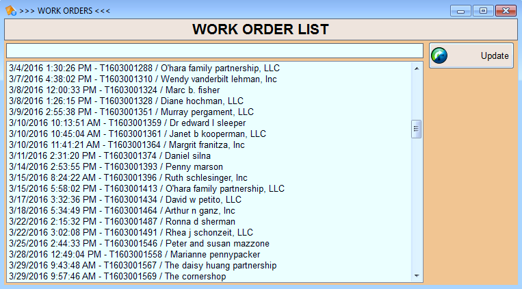 Work order screen